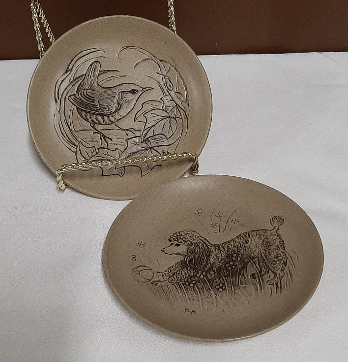Vintage Poole Pottery Dishes one with Beetle and Bird The other with a Poodle 5"