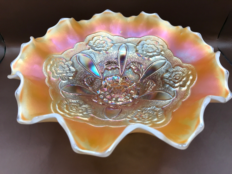 Dugan Peach Opalescent Carnival Glass Double Stem Rose Ruffled & Flared Done Footed Bowl 9 inch wide