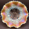 Dugan Peach Opalescent Carnival Glass Double Stem Rose Ruffled & Flared Done Footed Bowl 9 inch wide - 2