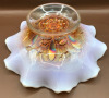 Dugan Peach Opalescent Carnival Glass Double Stem Rose Ruffled & Flared Done Footed Bowl 9 inch wide - 3