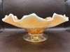 Dugan Peach Opalescent Carnival Glass Double Stem Rose Ruffled & Flared Done Footed Bowl 9 inch wide - 4