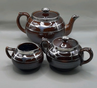 Vintage Depos Art Teapot Creamer and Covered Sugar Bowl, All with Sterling Silver Overlay.