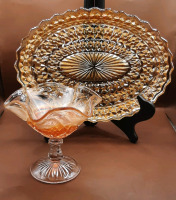 Vintage Marigold Carnival Glass Pedestal Dish Oval Depression Glass Platter.