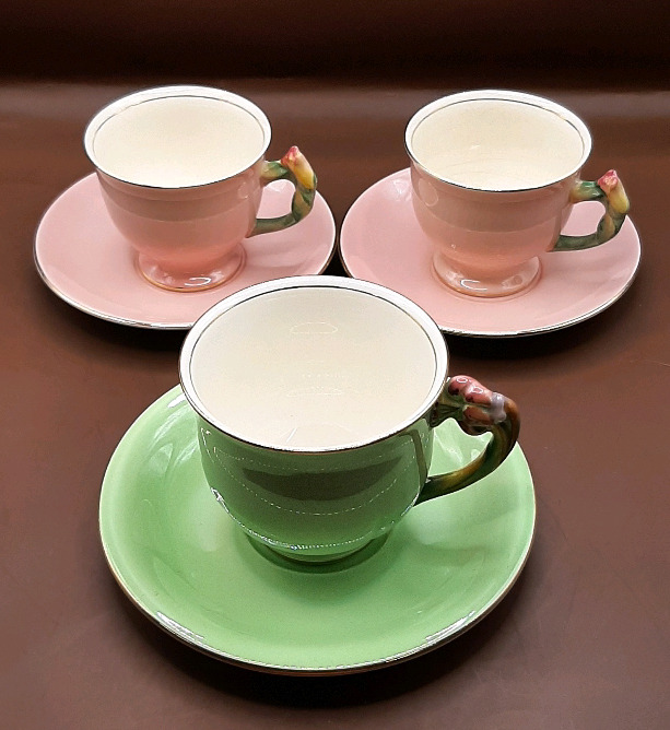Vintage Royal Winton Grimwades 2 Pink Demitasse Cups. 1 Green Teacup and Saucer All Tiger Lily