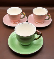 Vintage Royal Winton Grimwades 2 Pink Demitasse Cups. 1 Green Teacup and Saucer All Tiger Lily