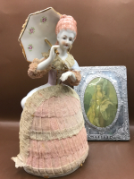 Vintage Celluloid Wood Plaque with Classy Lady USA 4 x 5.5 in Porcelain Lady with Umbrella Pressed Lace 9 inches tall