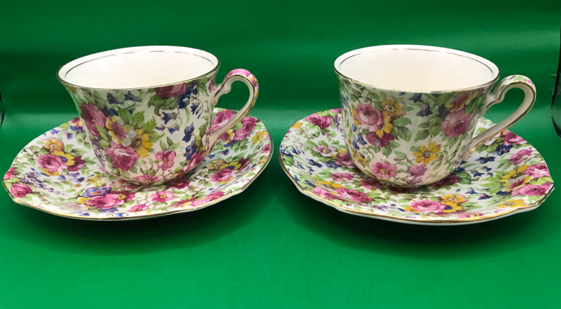 2 Royal Winton Summertime Chinz Tea Cups & Saucers 2.5 inch tall