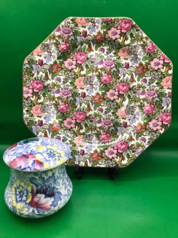 Vintage Woolworth & Co Covered Jar & Crown Ducal Victoria Chinz Plate 3.5 & 8.5 inches