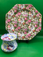 Vintage Woolworth & Co Covered Jar & Crown Ducal Victoria Chinz Plate 3.5 & 8.5 inches