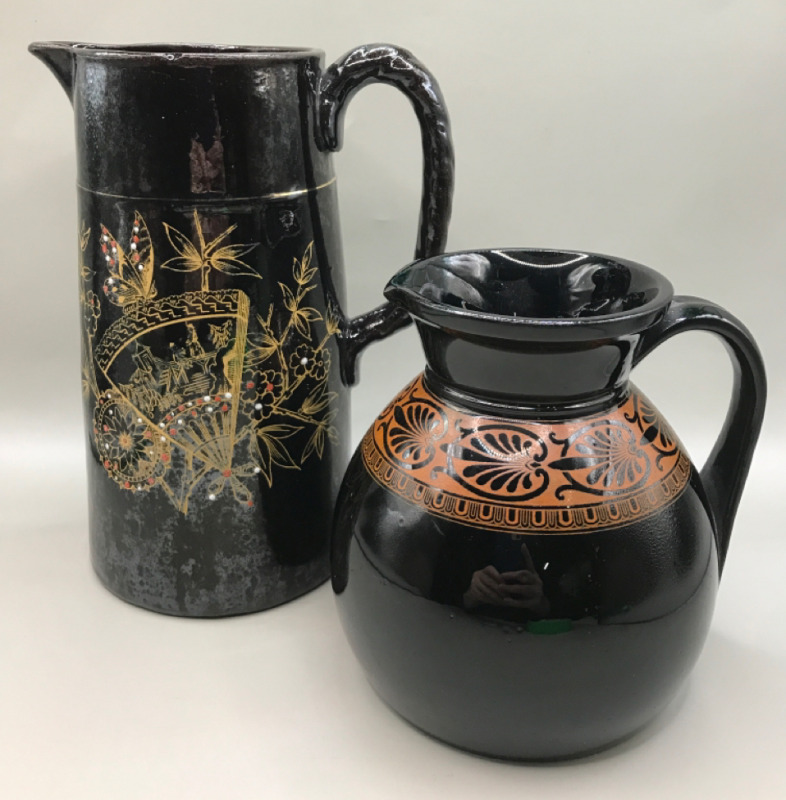 Antique Aesthetic Movement 1860-1900 Black Glass Pitcher 5 in & Etruscan Style Jug Glossy Black Glaze c1860-1880 7.5 inches tall