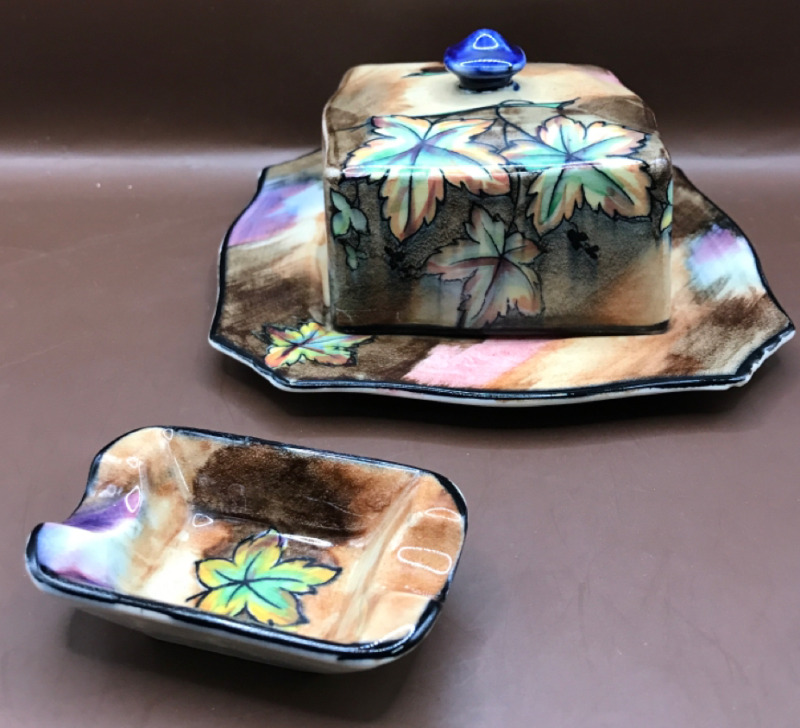 H K Tunstall England Autumn Tints Ashtray & Covered Butter Dish by R Grocdt England 6 inches wide