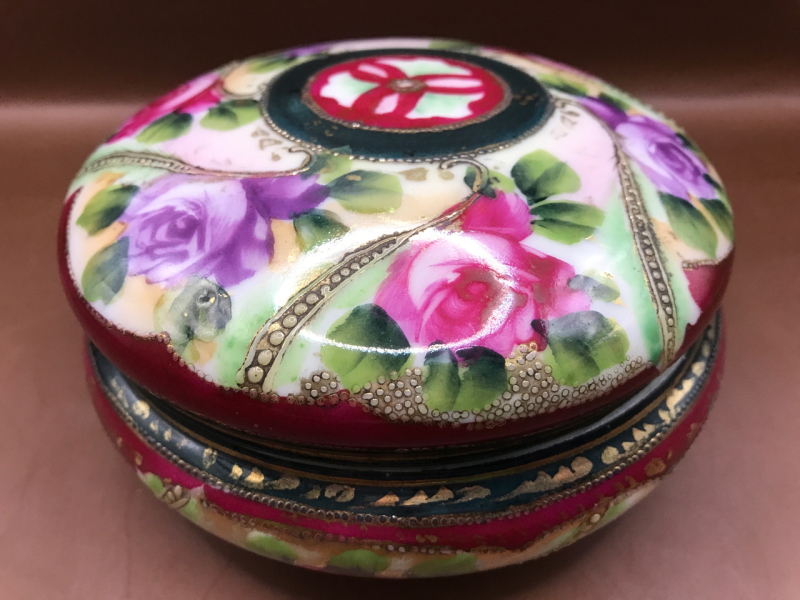 Antique Nippon Style Powder Box with Lid Moriage & Rose Hand Pained 6 inches wide
