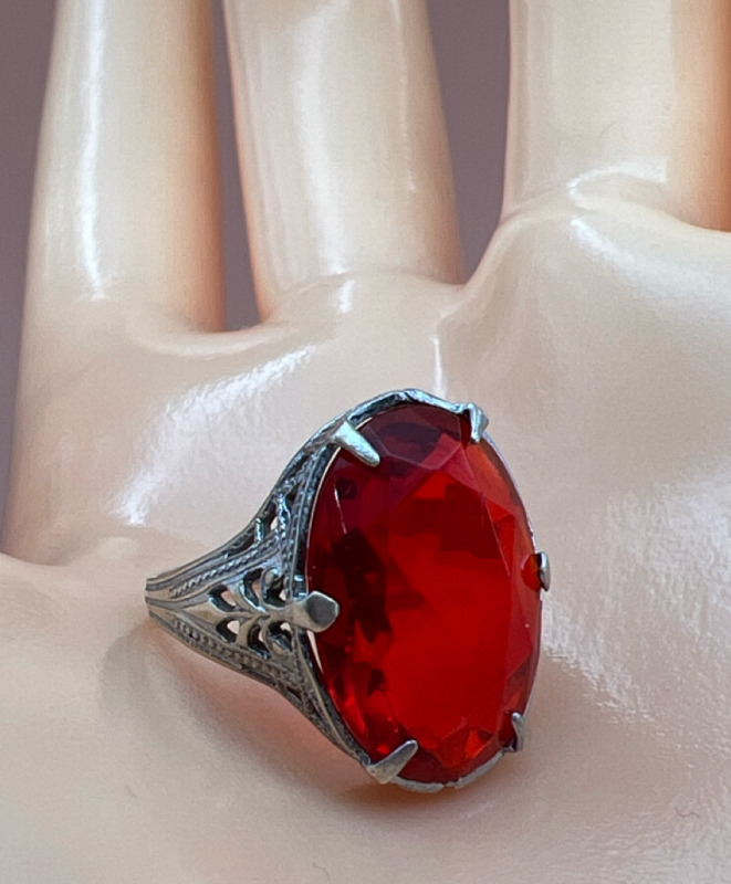 Antique Sterling Silver Faceted Red Glass Stone
