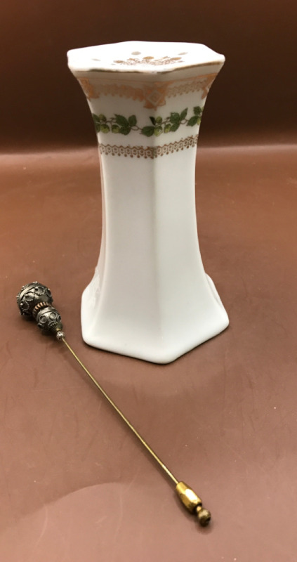 Vintage Prussian Hat Pin Holder 5 in & Victorian Etruscan Revival Hat Pin 5.5 inches tall
