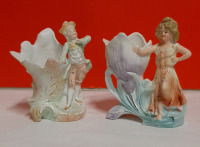 Antique 2 Art Noveau Bisque Porcelain Slip Vases 5"