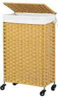 Chrislley 53L Slim Handwoven Rattan Laundry Hamper with Lid Rolling Laundry Basket with Removable Liner Bags Foldable Hampers with Wheels , natural