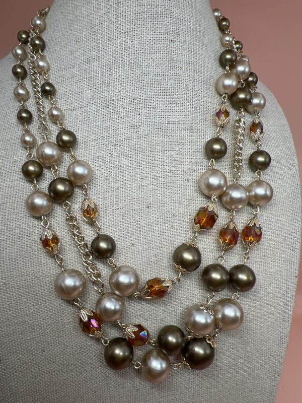 Vintage Triple Strand Champagne Pearl Bead Necklace