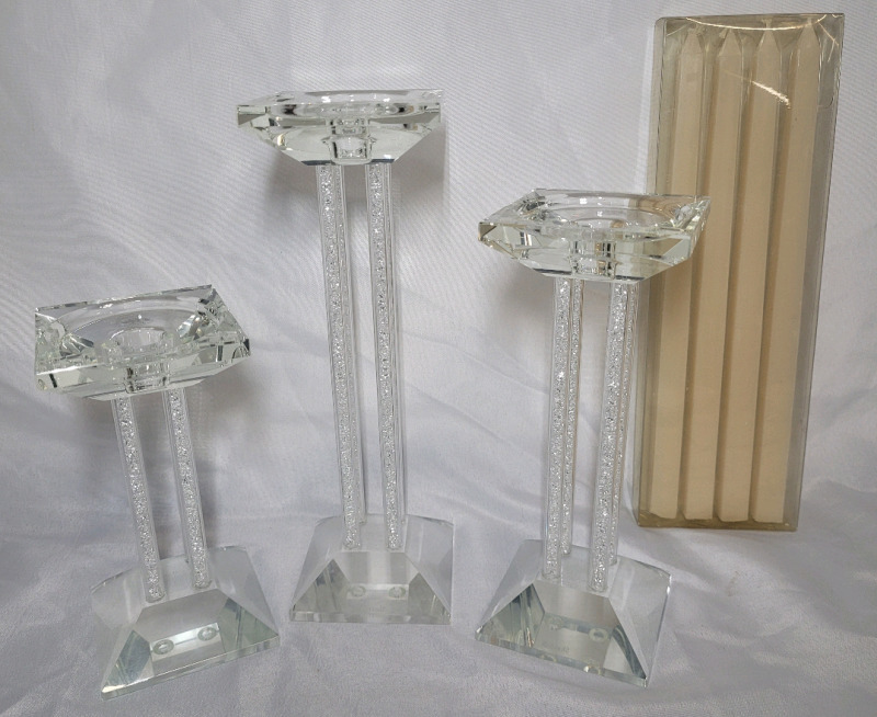 ShannoN Three Bling Pillar Candlestick Holders with Candles . Signed on bottom