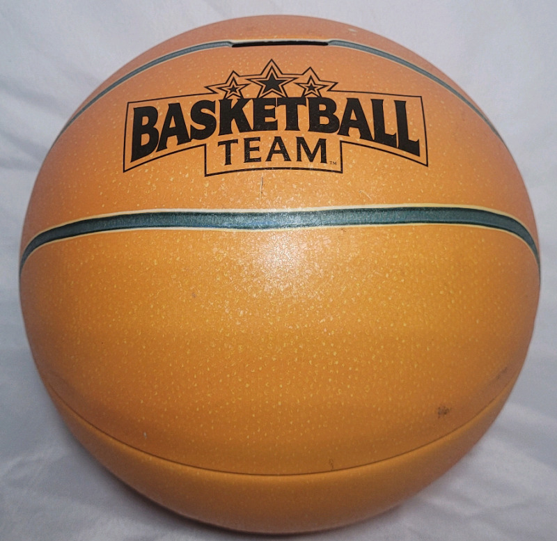 Metal Basketball Piggy Bank with Basketball Court Graphics on Inside , 9.5" diameter