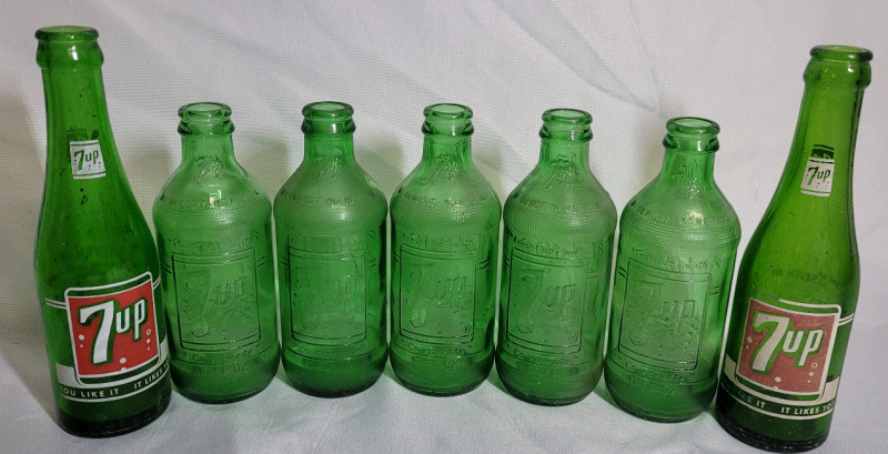 Vintage 10oz 7-UP Green Glass Bottles , Seven (7) Bottles