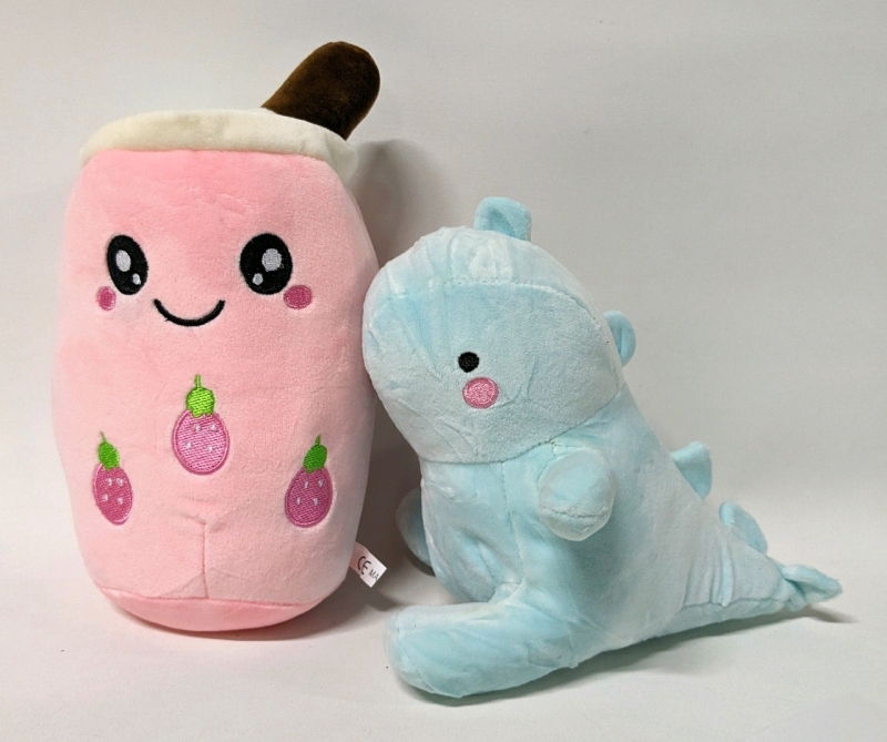 2 New Super Soft Small Plushies: Strawberry Milkshake and Dino