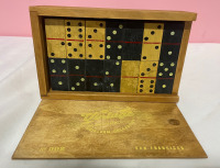 Polar Dominoes come in vintage wooden box with components remains that are remains of the old days of the company
