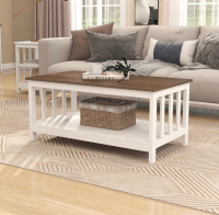 ChooChoo White Coffee Table, Farmhouse Living Room Table with Shelf, 40 Inch