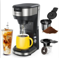 FAMIWORTHS Hot and Iced Coffee Maker for K Cups and Ground Coffee , 4-5 Cups Coffee Maker and Single-serve Brewers , with 30Oz Removable Water Reservoir , 6 to 24Oz Cup Size , Pot and Tumbler Not Include