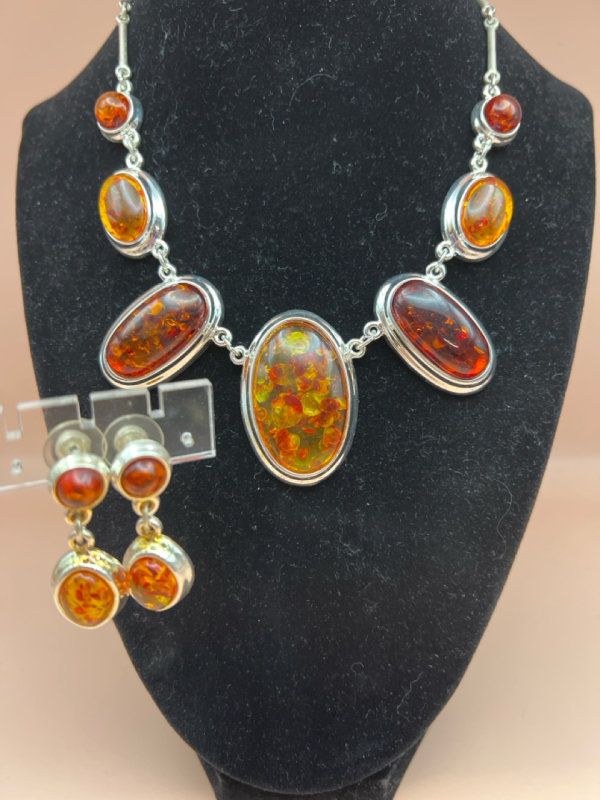 Statement Faux Amber Necklace Earrings Set