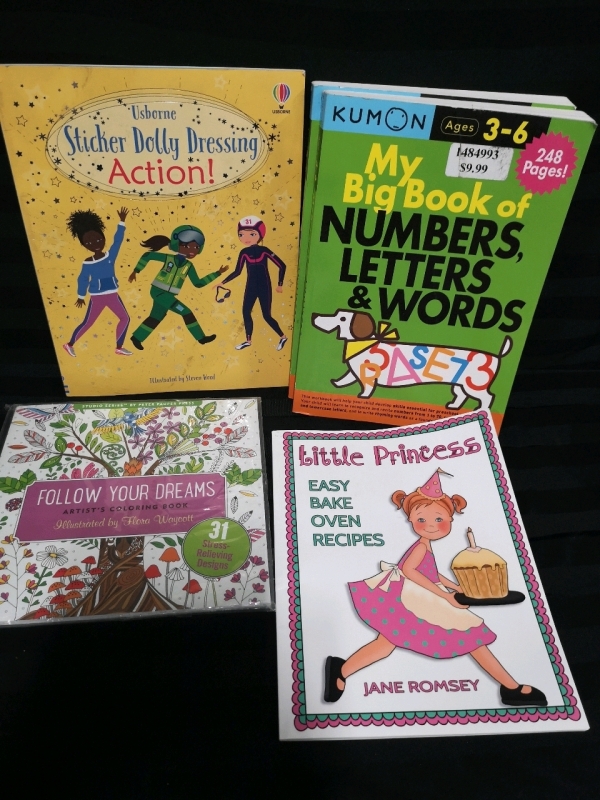 New Kids KUMON Books, Easy Bake Oven Recipes, Sticker Dolly Dress-Up Book & Colouring book.