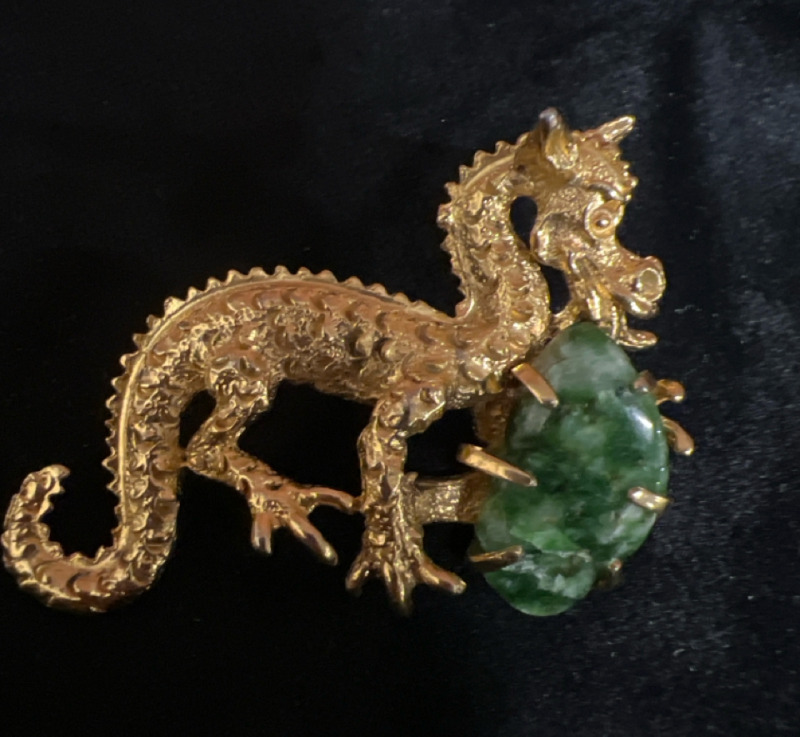 Vintage BSK Dragon & Jade Brooch