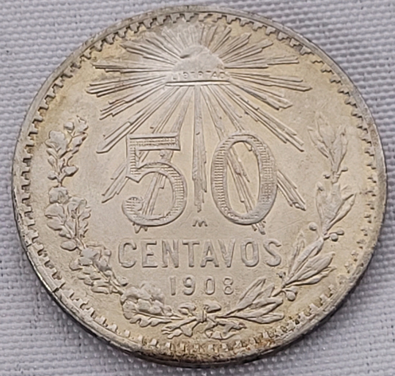 RARE - 1908 Mexico .800 Silver 50 Centavos Coin . Less Than 490K Minted