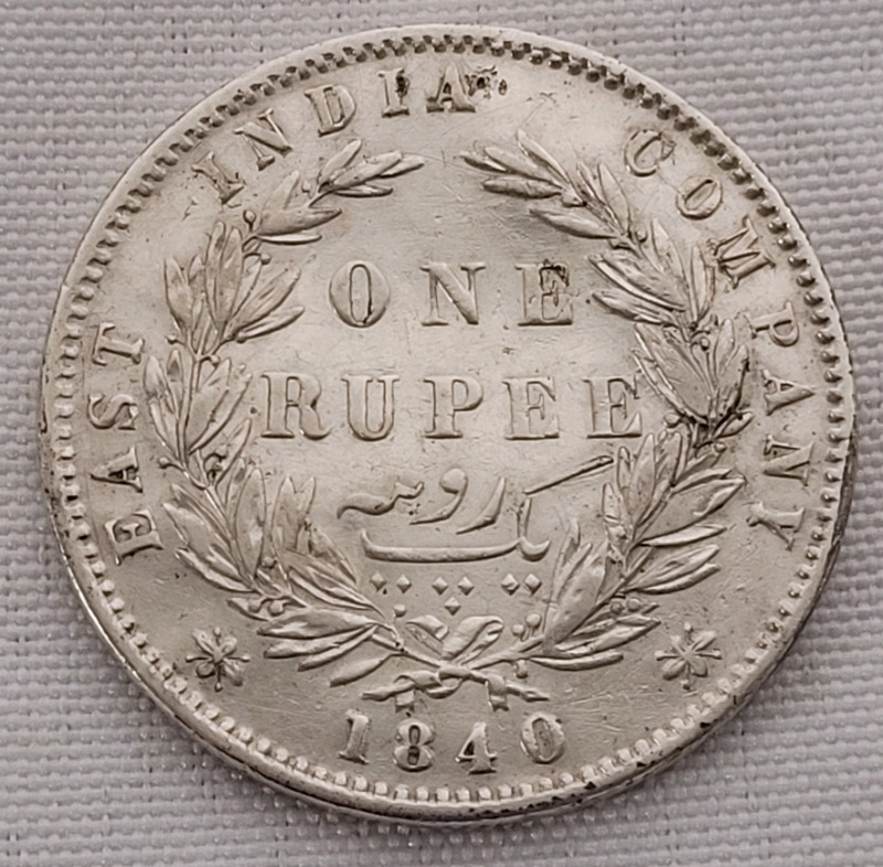 1840 East India Company .900 Silver Queen Victoria One Rupee Coin