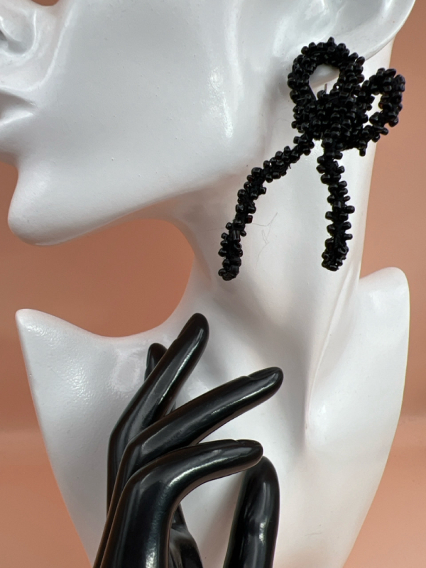 Jet Black Bead Articulated Bow Earrings