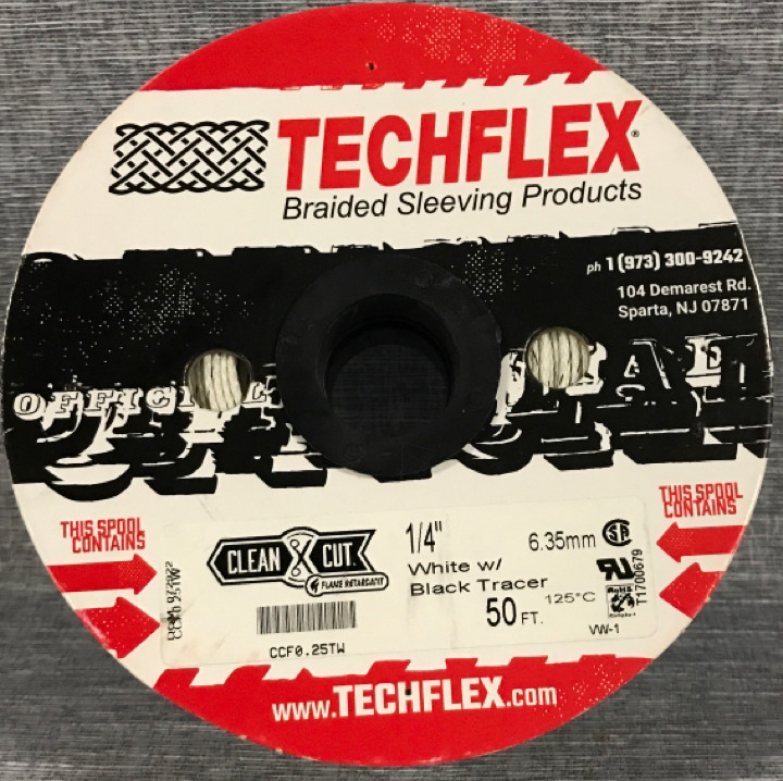 New Techflex 1/4” White With Black Tracer 50ft Braided sleeving