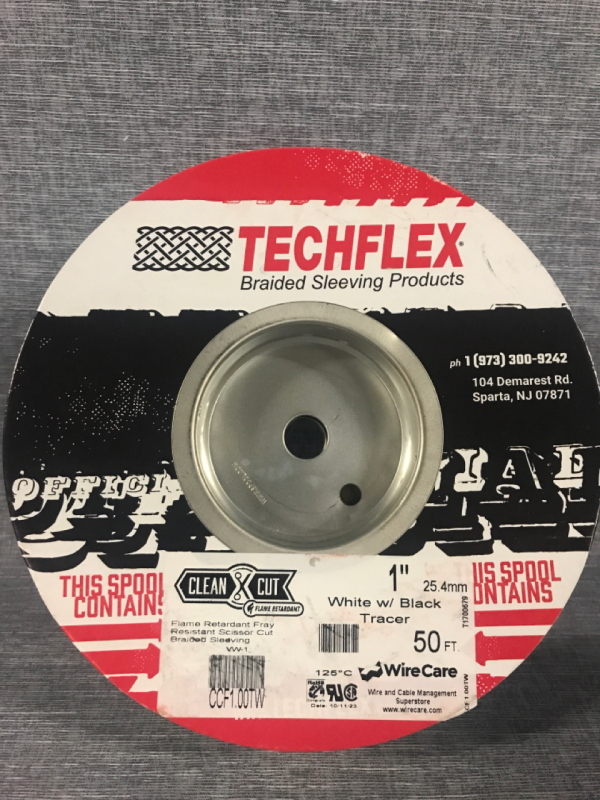 New Techflex 1” White With Black Tracer 50ft Braided sleeving