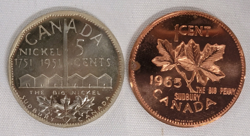 1951 (1751-) Canada Sudbury 5 Cent Big Nickel & 1965 Canada Sudbury 1 Cent Big Penny