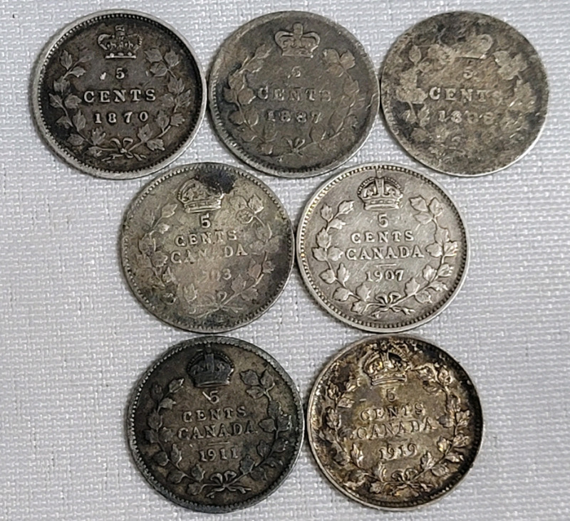 1870 - 1919 Canadian Silver 5 Cent Nickels . Seven (7) Nickels .