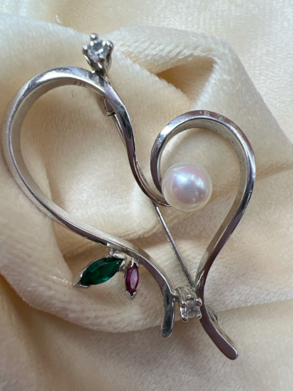 925 Sterling Silver Fresh Water Pearl Rhinestone Brooch