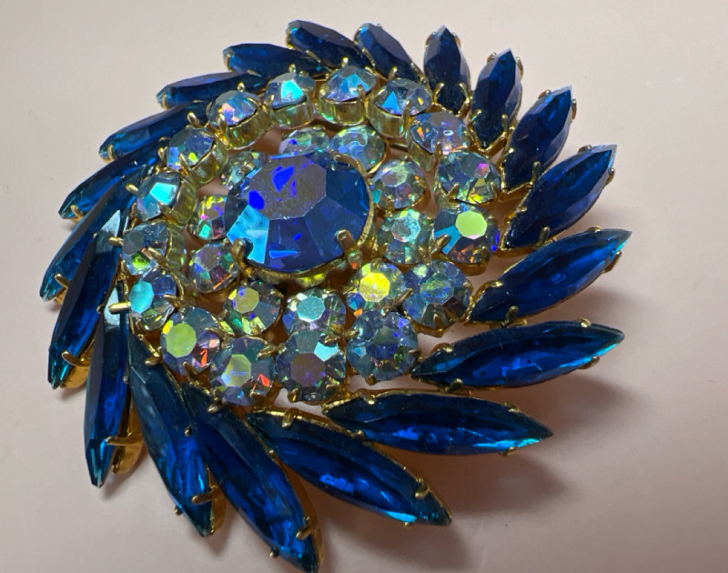 Stunning Capri Blue & AB Rhinestone Pinwheel Brooch