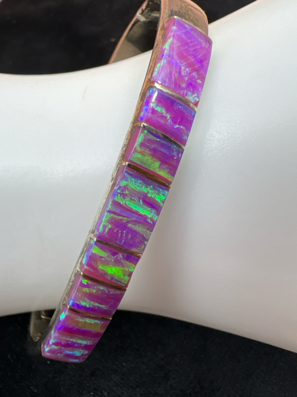 Stunning Sterling 925 Mexico Inlaid Opal Hinge Bracelet