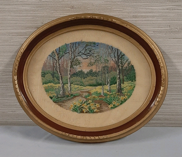 Vintage Framed Needlepoint Woodland Scene Under Glass 11.75"