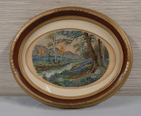 Vintage Framed Needlepoint Woodland Scene Under Glass 11.75"