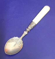 Antique Birmingham Sterling Silver Teaspoon with Mother of Pear Handle Circa 1887 to 1888