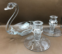 Hughes Cornfower Swan Dish & Candlesticks 4 to 8.5 inches