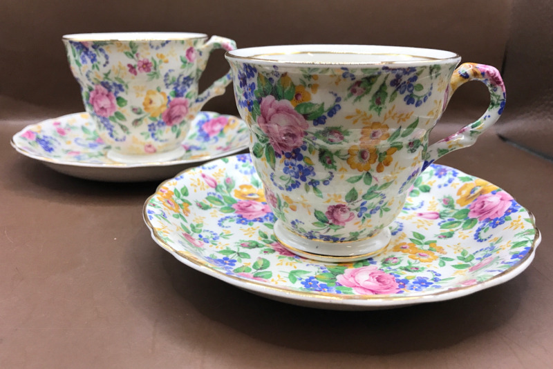 2 James Kent Rosalynde Chintz Tea Cup & Saucers England