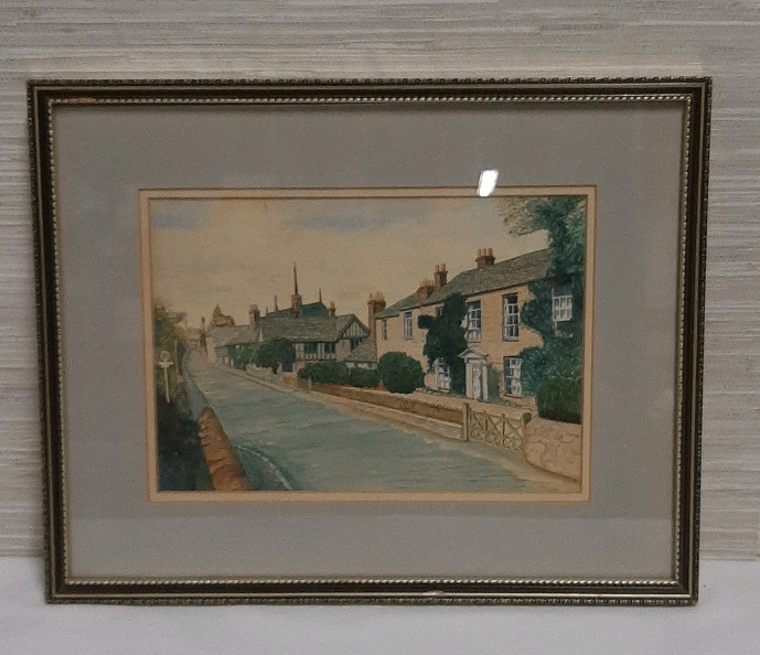 Vintage Street Scene in England Watercolour Under Glass 14.5 x 11.5