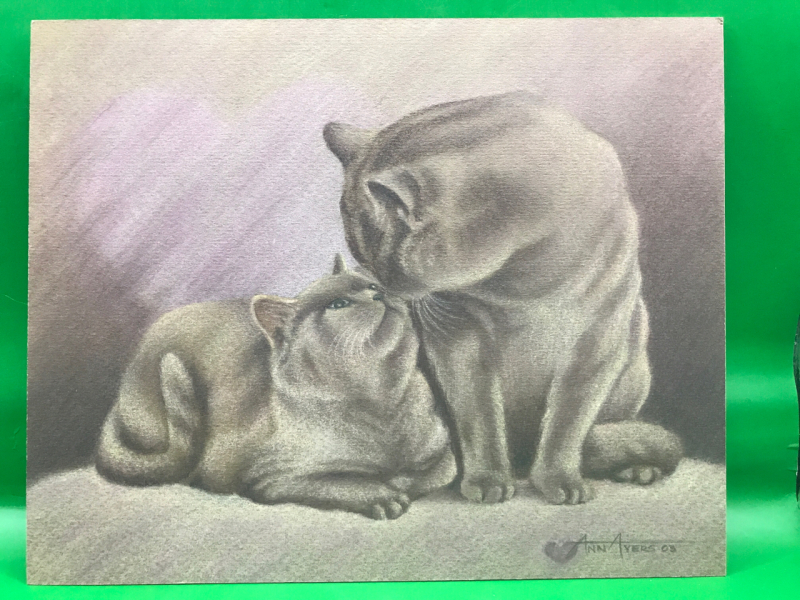 Original Hand Creation of Two Grey Cats by Ann Ayers dated 2003 unframed 10 x 8 inches