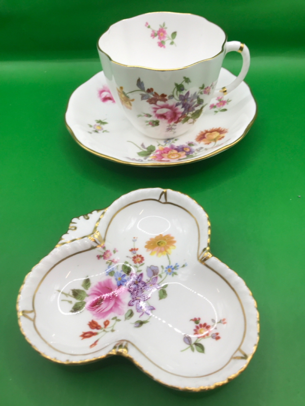 Royal Crown Derby England Derby Posies Clover Dish 4 in & Tea Cup + Saucer