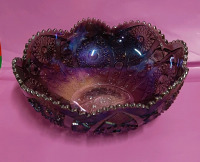 Vintage Imperial Glass Hobstar and Arches Purple Ruffled Edge Bowl 9.5"
